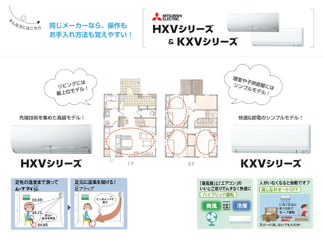 同じメーカーなら、操作もお手入れ方法も覚えやすい!三菱HXVシリーズ&KXVシリーズ